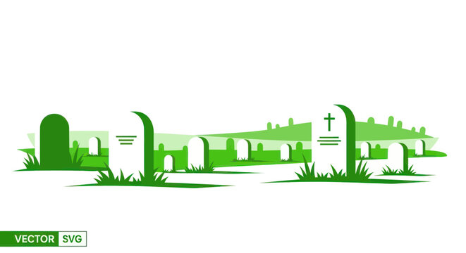 Green vector illustration of graveyard monuments.