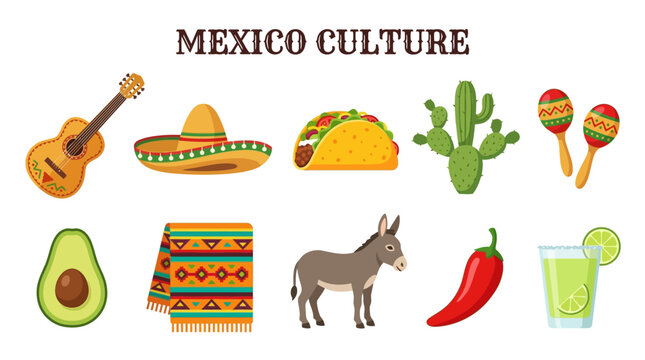 Mexican Culture Symbols with Guitar Sombrero Taco Cactus Maracas and Traditional Foods