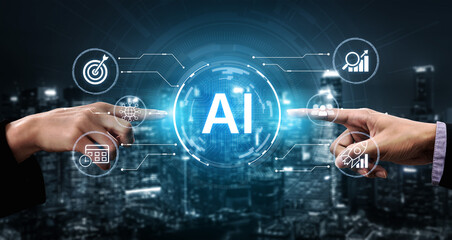 Obraz premium AI business strategy network with connected icons for goals and growth. Business analytics, automation, business planning, business intelligence for enterprise decision making. Corpus
