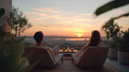 Obraz premium Couple on Balcony Watching Sunset: A romantic couple enjoys a breathtaking sunset view from their balcony, with city lights twinkling in the distance, creating a serene and intimate atmosphere.