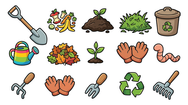 Gardening and composting icons including shovel, watering can, rake, gloves, earthworm, and recycling symbol.