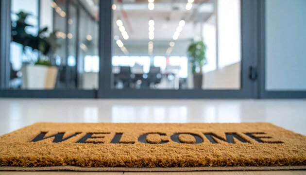 Brown Welcome Doormat Placed at Modern Glass Office Entrance