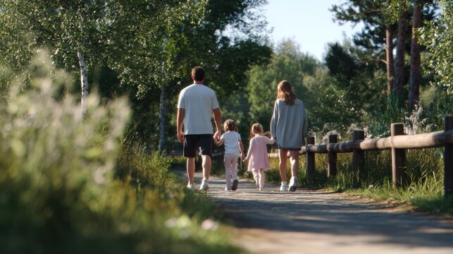 Family Stroll in Nature: A heartwarming scene of a family, parents and two young children, walking hand-in-hand on a sun-dappled path through a lush, green park, enjoying a peaceful outdoor excursion.