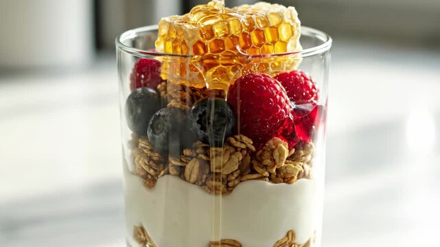 Healthy yogurt parfait with honey drizzle, fresh berries, and granola in a glass
