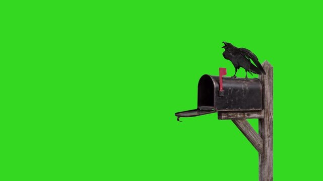 Raven perched on a weathered old mailbox green screen
