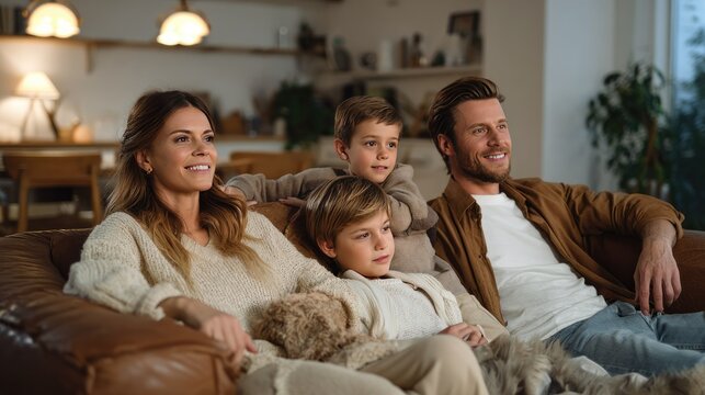 Cozy Family Night In: A warm and inviting scene of a family &ndash; parents and their two young sons &ndash; relaxing on a comfortable sofa, engrossed in watching something together.
