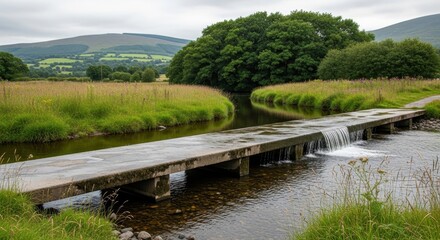 Fototapeta premium Wooden Bridge Spanning River in Lush Green Landscape.