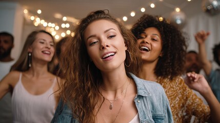 Obraz premium Joyful Celebration: A group of diverse friends enjoys a lively party, dancing and singing with unbridled happiness, illuminated by fairy lights and disco balls.