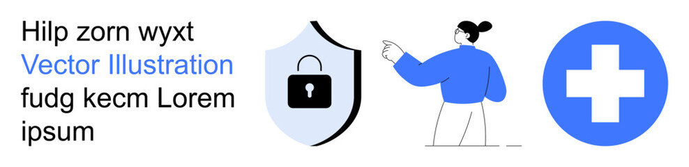 Fototapeta premium Cybersecurity, healthcare services, online protection, data privacy, digital health, medical tech. Shield lock, person pointing medical cross symbol. Cybersecurity and healthcare services concept