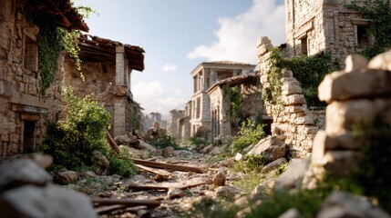 Fototapeta premium Ruins of an Ancient City: Crumbling stone buildings, overgrown with vegetation, line a debris-strewn path, evoking a sense of lost history and faded grandeur under a bright sky.