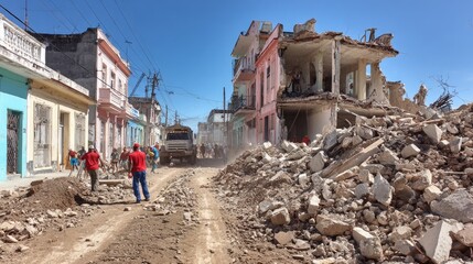 Fototapeta premium Rubble-strewn street with partially collapsed building & workers clearing debris