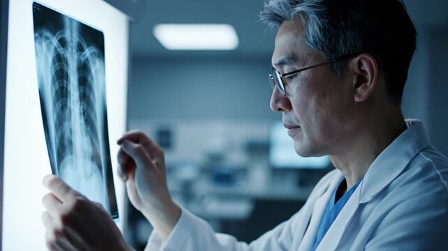 Doctor examines X-ray image in a dimly lit medical examination room.