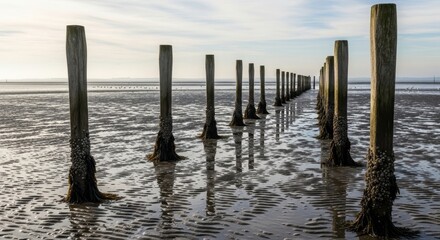 Fototapeta premium Wooden Pilings Standing in Shallow Water at Low Tide.