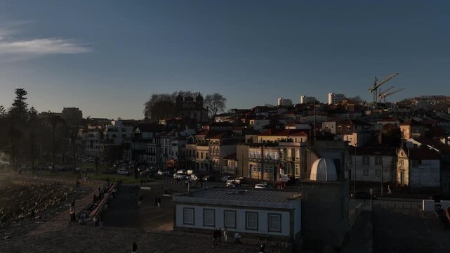 Drone Footage of Foz do Douro Waterfront in Porto Portugal During a Golden Sunset