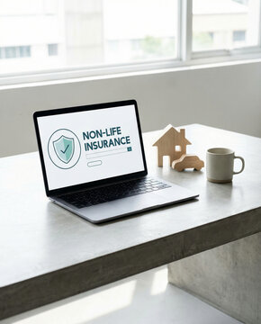 Non-life insurance objects and text on a computer screen on a desk.