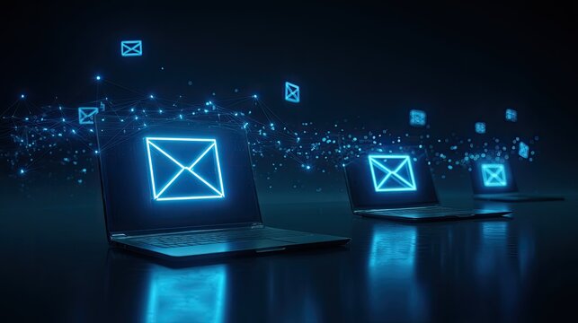Glowing email icons float above laptops connected by digital network lines