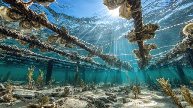 Sunlit underwater oyster farm with ropes holding shellfish over sandy seabed