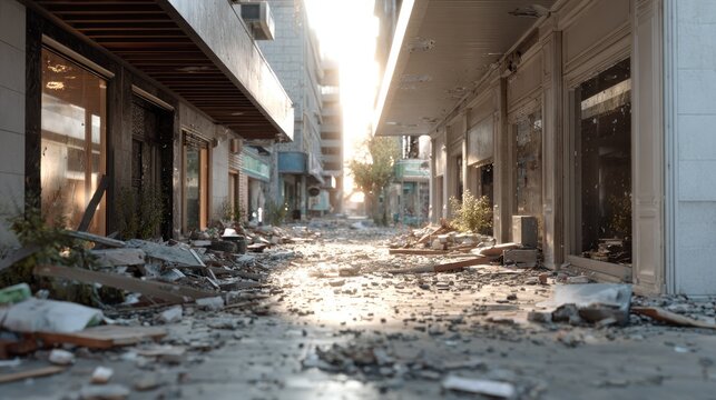 Urban Devastation: An abandoned street littered with debris, reflecting the somber aftermath of destruction, bathed in an eerie sunlight.