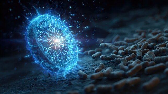 Glowing blue energy orb pulses, surrounded by microscopic organisms