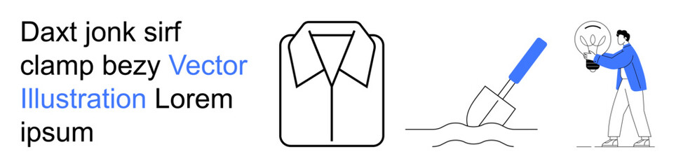 Creativity, manual labor, simplicity, clothing design, innovation, problem-solving. Shirt outline, shovel in soil man with lightbulb. Creativity and manual labor visually conceptualized © robu_s