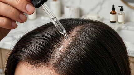 Fototapeta premium Detailed view of nourishing scalp care involving precise serum placement on roots