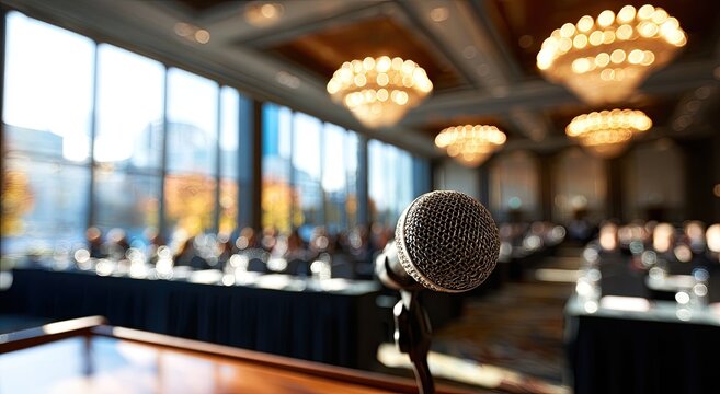 Microphone on a podium in a conference hall with attendees blurred in the background.