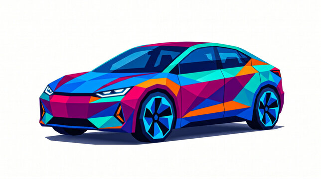 Sleek and colorful futuristic low poly electric car isolated on a white background.