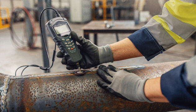 Industrial Technician Performing Ultrasonic Testing on Steel Pipeline