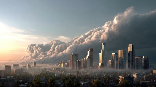 Urban Storm Approaching: A city skyline with modern skyscrapers is enveloped in mist and fog, with a dramatic storm cloud formation looming on the horizon, signaling impending weather change.