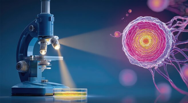 Blue microscope illuminates a colorful cell in a petri dish