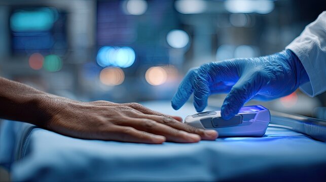 Doctor's gloved hand places a pulse oximeter on a patient's finger for vital monitoring
