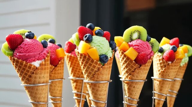 Rainbow Delight: A vibrant collection of ice cream cones overflowing with colorful scoops and fresh fruit toppings, a symphony of sweetness and refreshing flavors.