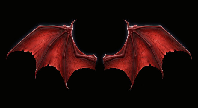 Detailed realistic red dragon wings spreading wide against a solid black background to showcase intricate textures and sharp anatomical features for fantasy character design concepts