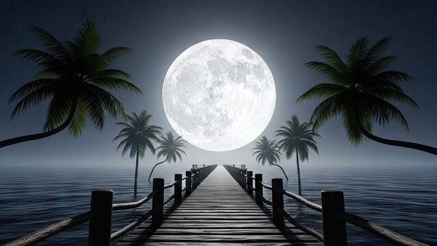 Full moon rising over wooden pier and palm trees.