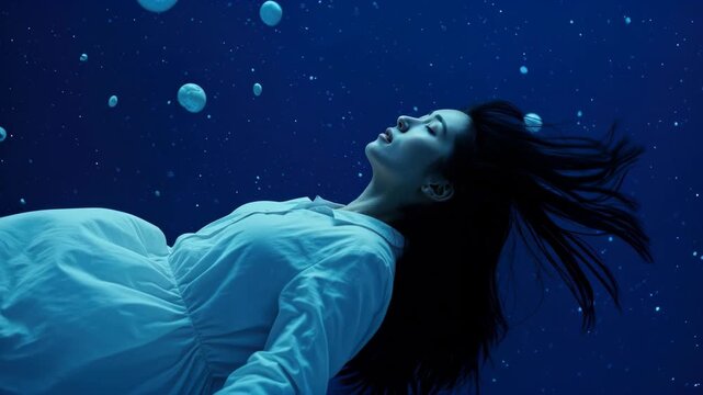 Dreamlike Descent: A woman in a white dress drifts serenely through a deep blue, ethereal space, surrounded by floating orbs, evoking a sense of peace and otherworldliness.