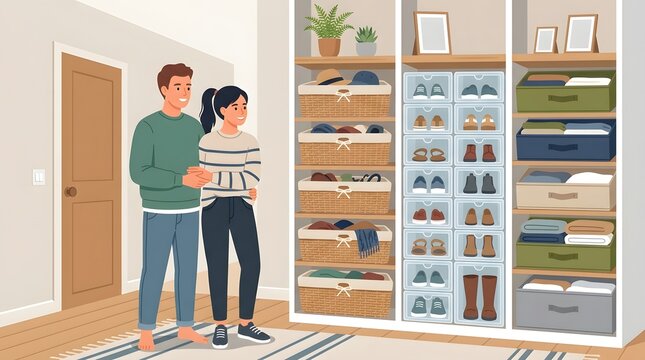Organized Living Space: A couple stands beside a meticulously organized closet filled with shoes, clothes, and accessories, symbolizing order and a tidy home.