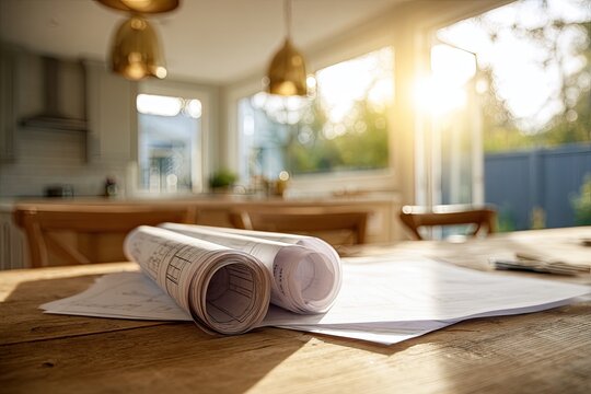 Rolled blueprints and papers lie on a wooden table in a sunlit kitchen