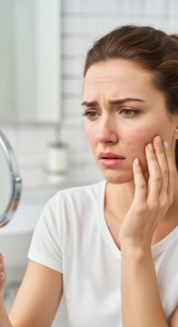 Worried woman examining her face for acne in the mirror.