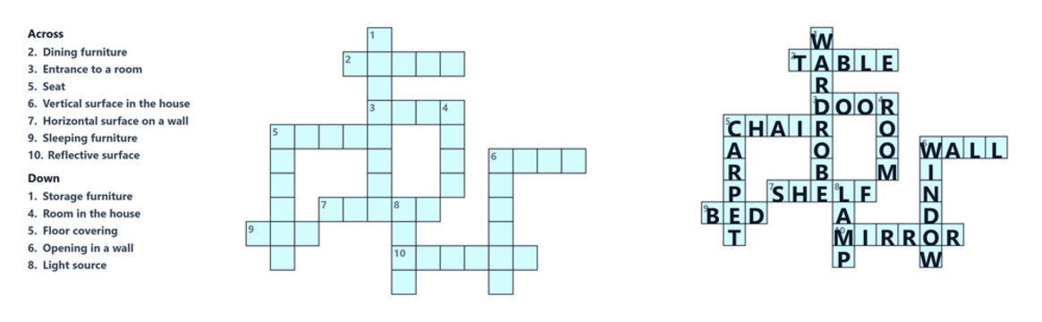 Crossword puzzle template with clues and filled spaces for home items  