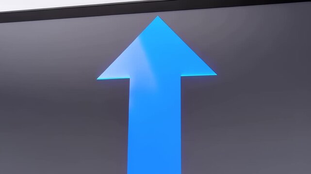 Bright blue upward pointing arrow graphic on a dark gray textured background with subtle light reflections