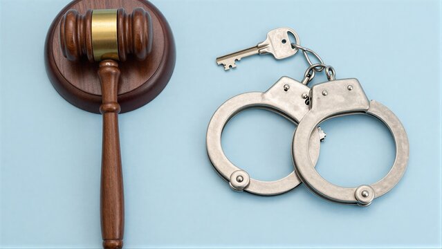 Judge's gavel and handcuffs symbolize law enforcement and justice