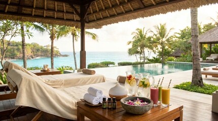 Fototapeta premium A relaxing spa lounge overlooking the ocean with massage beds, drinks, and essential oils set for a tranquil experience.
