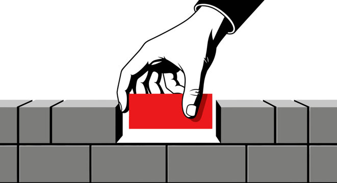 Hand Placing Red Brick in Grey Wall: Business Growth, Construction, Success Concept