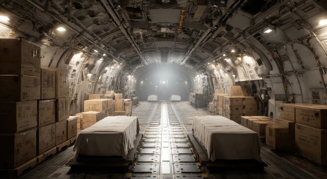 Interior of a cargo aircraft filled with boxes and covered pallets