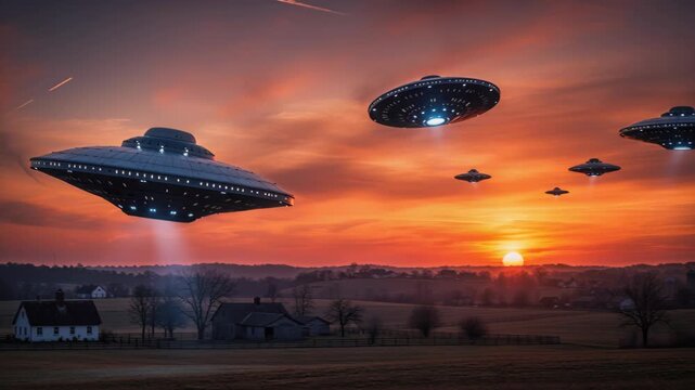 Alien Invasion at Dusk: A fleet of mysterious UFOs descends from the twilight sky, casting an eerie glow over a tranquil rural landscape as the sun dips below the horizon.