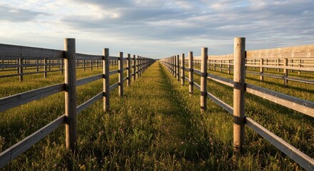Fototapeta premium Wooden Fence Rows Leading to the Horizon Under Cloudy Sky.