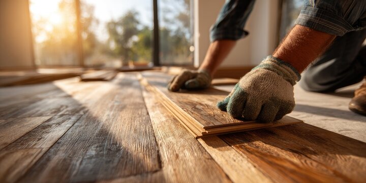 Hands with gloves laying down wood planks on an existing floor