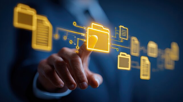 Glowing digital file icons connect, touched by a human finger