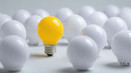Naklejka premium One glowing yellow bulb stands out amidst a field of many white bulbs