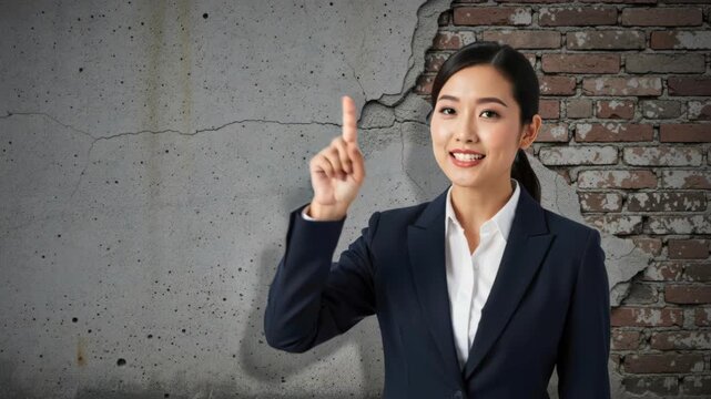 Idea Spark: A determined businesswoman, dressed in a sharp suit, points upwards with a thoughtful expression, hinting at a brilliant idea against a textured wall background.